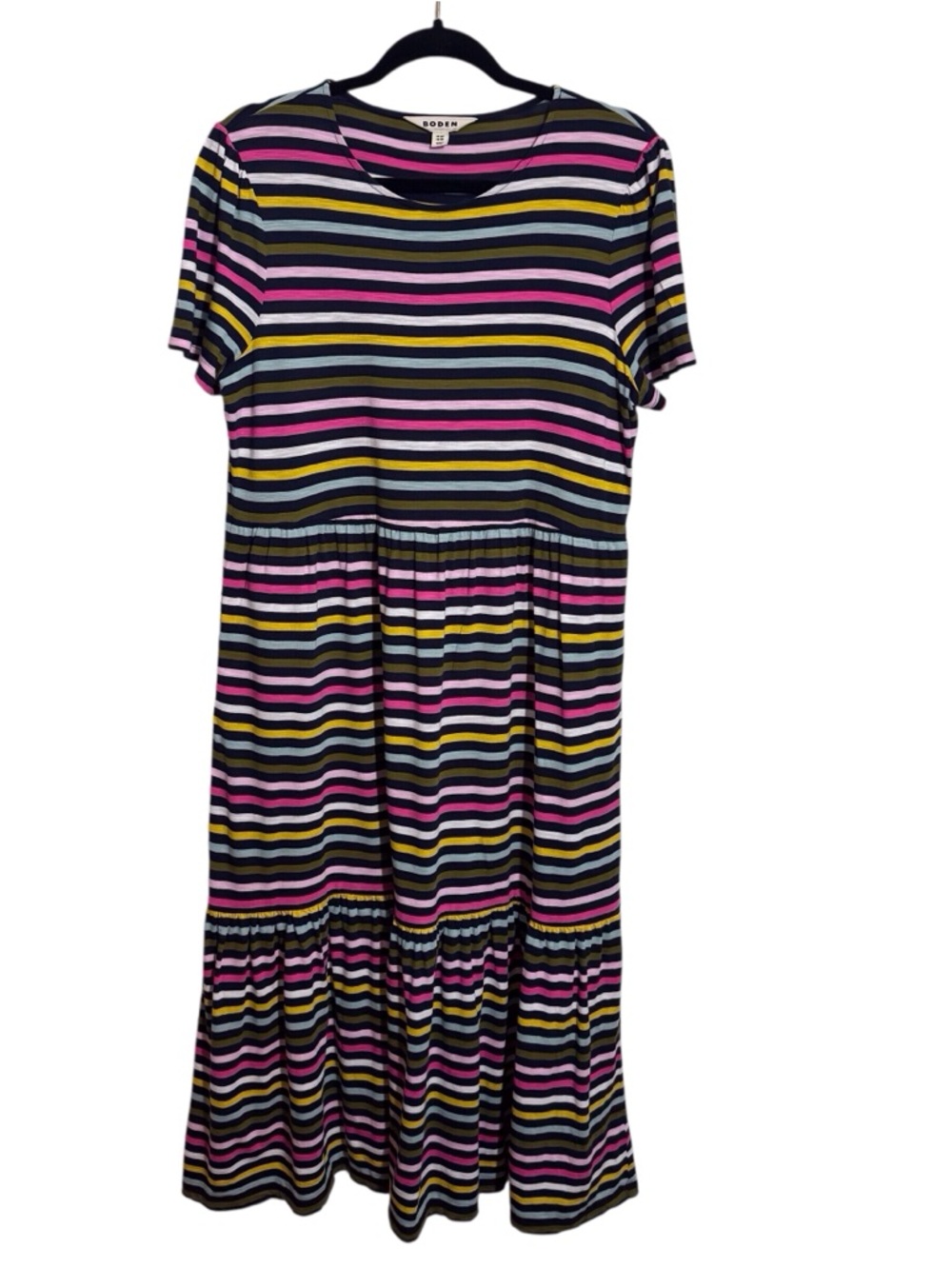 Boden Size 12 Petite Colorful Emma Tiered Jersey Striped Midi Length Dress
